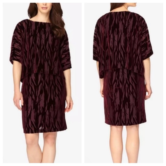 (NWT) Tahari Velvet Burnout Layered Brandy Red Burgundy Dress size 14 - Picture 1 of 9